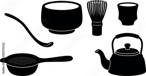 Minimalist vector tea ceremony utensils set matcha bowl chasen whisk chashaku scoop teapot strainer cup close up side view silhouette