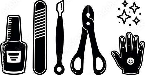 Minimalist flat design nail care tools row close up nail polish file cuticle pusher clippers glove sparkles studio light clean