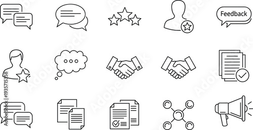 Communication icons set with speech bubbles, feedback, rating, recognition, handshake, documents, collaboration, network, megaphone, chat, approval, business, teamwork