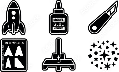 Flat design bold outline model rocket kit icons showing glue knife fin templates and display stand on white background clean