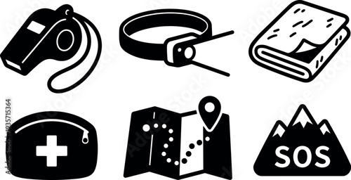 Minimal flat line art survival icons set whistle emergency blanket first aid map pin folded map mountain sos for hiking