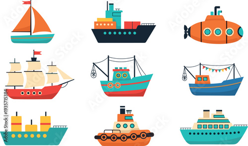 Boats ships and submarine collection with sailboat cargo ship fishing boat cruise ship and tugboat colorful marine transport flat vector illustration set