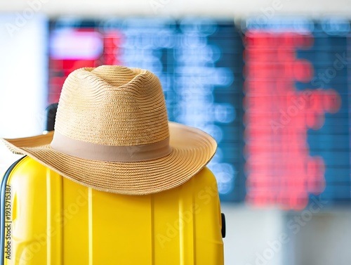 Yellow suitcase with straw hat at airport terminal facing departure board showing flight delays and cancellations, symbolizing travel uncertainty, tourism disruption, waiting passenger stress.