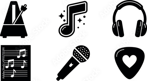 Flat design metronome close up microphone and headphones music note sheet guitar pick icons set black minimalist vector symbol collection