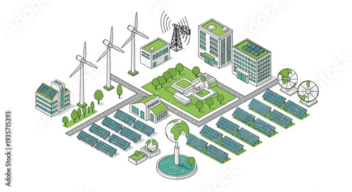 Isometric illustration of a green tech cityscape with renewable energy sources and eco-friendly architecture and construction