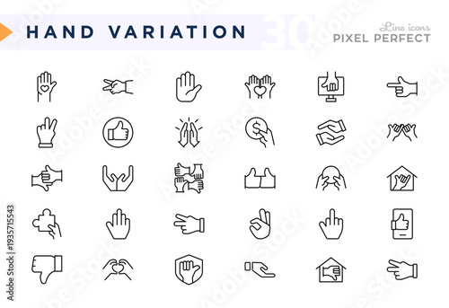 Hand variation line icon set. Hands, gesture, thumb up, ok, point, touch, pray, hand shaking, fingers, heart shape, care, click, tap vector icons pack
