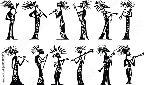 Tribal musicians silhouettes playing traditional instruments ethnic cultural performers illustration set folk music band isolated design