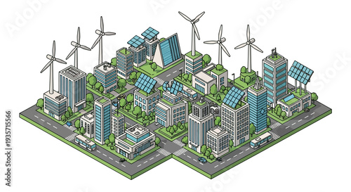 Isometric illustration of a green tech cityscape with renewable energy technology, featuring wind turbines and eco-friendly buildings in a 3D design concept for sustainable urban innovation