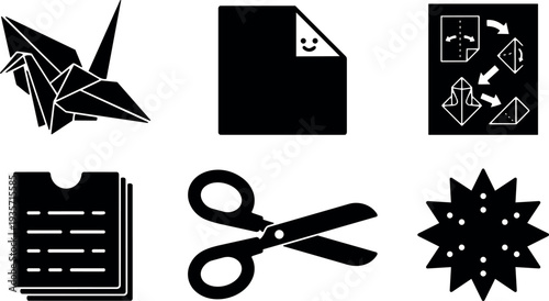 Flat design minimal origami paper crane and craft icons scissors folded sheet instruction diagram in black silhouette stacked pages simple