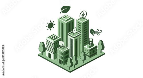 Isometric illustration of a green eco city with renewable technology and innovation concept in 3D design, showcasing sustainable architecture and business district with solar energy