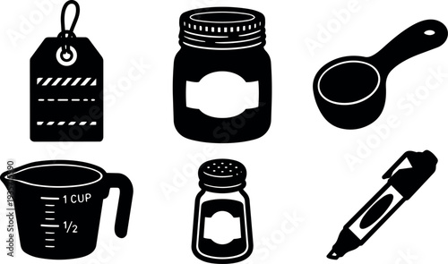 Flat design overhead icons set kitchen measuring jar scoop cup tag salt shaker marker simple black silhouette vector pantry label