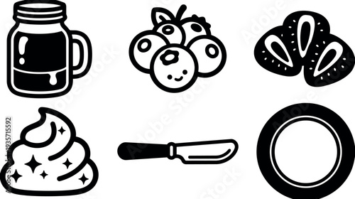 Minimalist flat vector icon set of berries jam cream knife and plate top view breakfast ingredients black and white simple