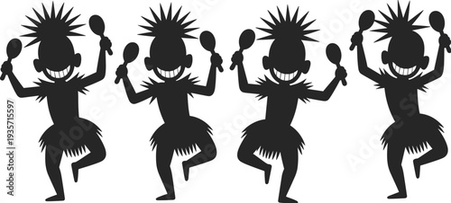 Tribal dancer silhouettes with maracas performing traditional ethnic dance rhythm culture festival celebration illustration set isolated design