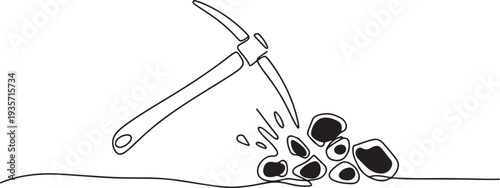 Continuous line drawing miner's pickaxe and gold.one line vector illustration with white background