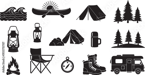 Set of 15 Black and White Camping and Outdoor Adventure Vector Icons isolated PNG with Transparent Background
