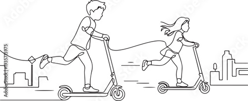 Continuous line drawing of kids on vacation having fun driving electric scooter through the city. Vector illustration of boy and girl playing a scooter.one line vector illustration 