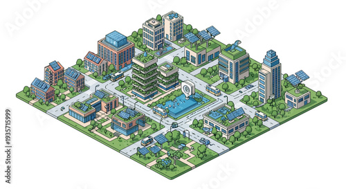 Isometric illustration of a green tech cityscape with eco-friendly buildings and renewable technology infrastructure in a 3D vector design