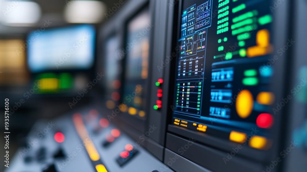Naklejka premium Modern energy control facility supporting critical infrastructure protection for high-voltage power distribution grid operations.