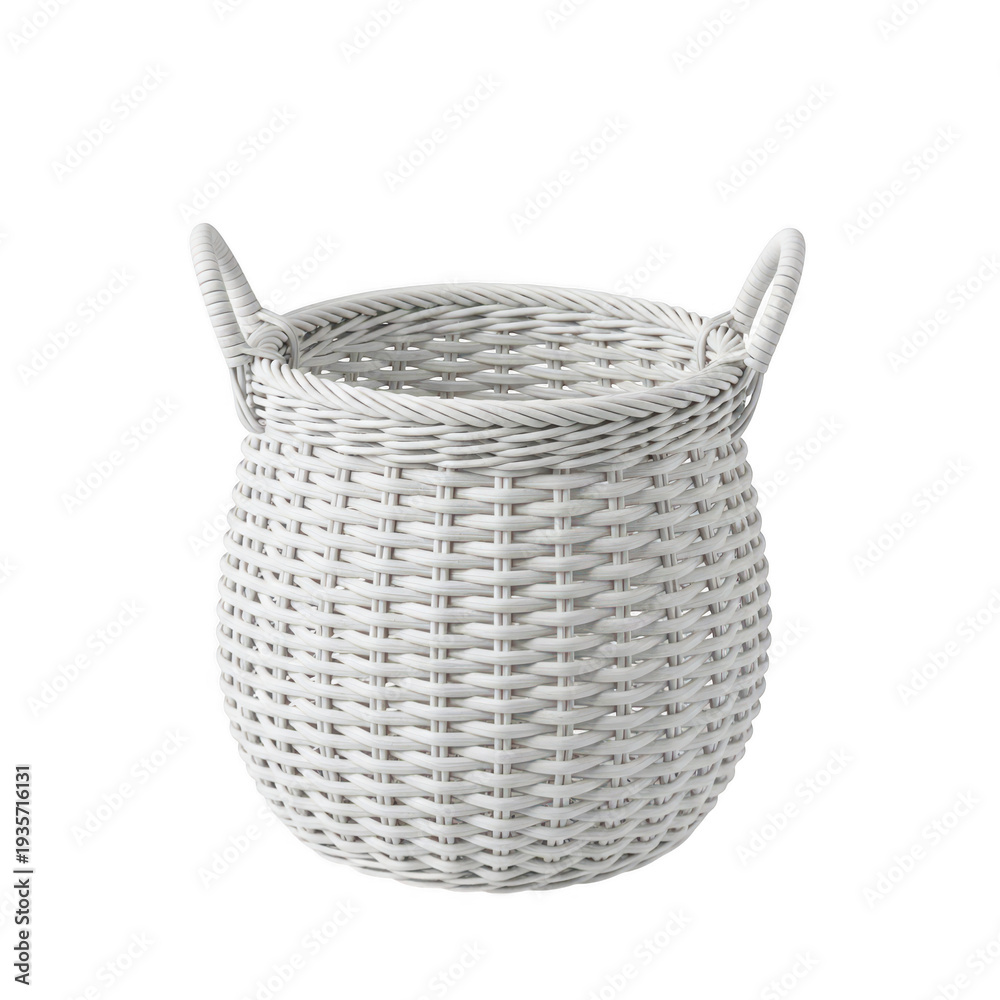 Obraz premium A beautifully crafted white wicker basket with two sturdy handles. isolated on transparent background