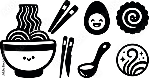 Flat kawaii vector ramen bowl with smiling face noodles chopsticks ladle and assorted pastry icons in bold monochrome minimalist circle