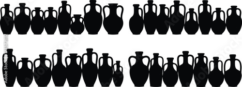 Collection of black silhouettes of ancient amphorae and jugs on white background
