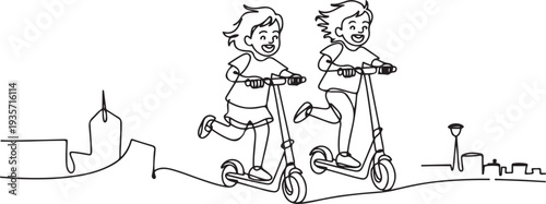 Continuous line drawing of kids on vacation having fun driving electric scooter through the city. Vector illustration of boy and girl playing a scooter.one line vector illustration 