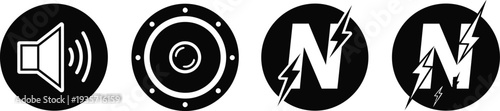 Black and white icons representing sound and electricity