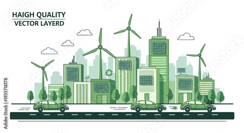 Isometric illustration of a green eco city with renewable technology and wind turbines, showcasing sustainable architecture and innovation in a modern cityscape
