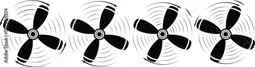 A black and white illustration of four spinning propellers in a row