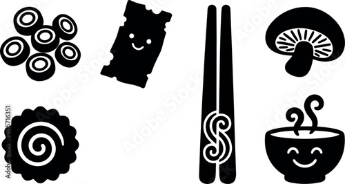 Flat design close up smiling soup bowl with chopsticks sushi rolls mushroom cookie and seaweed packet black silhouette set