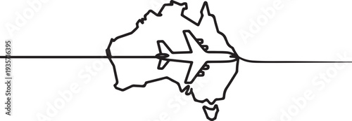 Continuous one line drawing of Australia map with airplane. Australia map combined with airplane.one line vector illustration with white background