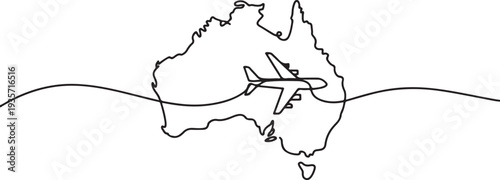 Continuous one line drawing of Australia map with airplane. Australia map combined with airplane.one line vector illustration with white background