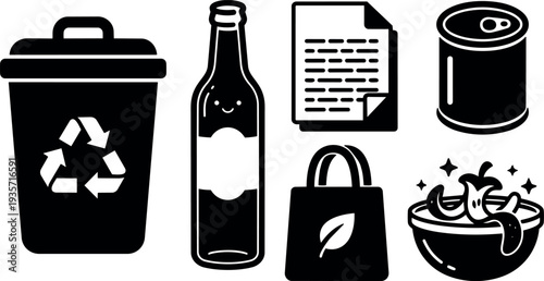 Minimalist flat vector icon set showing recycling bin bottle paper can reusable bag and compost bowl in bold silhouette style
