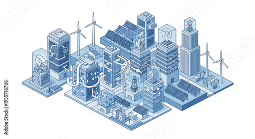 Isometric illustration of a green tech cityscape with renewable energy technology and eco-friendly architecture in a 3D design concept