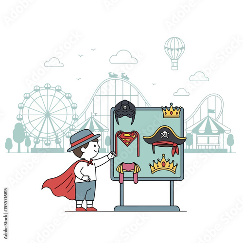 Young Explorer Choosing Costume At Amusement Park Adventure