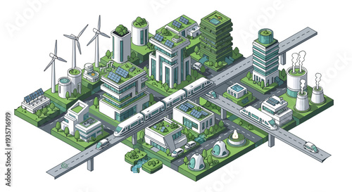Isometric illustration of a green tech cityscape with renewable technology and eco-friendly architecture on a white background