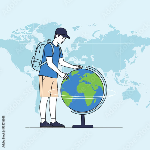 Young Explorer Contemplating World Travel Destinations With Globe And Backpack On Map Background