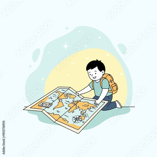 Young Explorer Examining a World Map, Planning Adventures and Discovering New Destinations