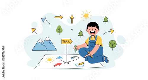 Young Explorer Plans Outdoor Adventure Journey with Map and Creative Tools