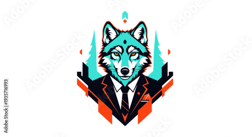 Stylized wolf illustration in a suit with geometric design and color