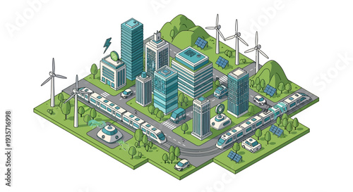 Isometric illustration of a green tech cityscape with renewable energy infrastructure and modern architecture on a green landscape