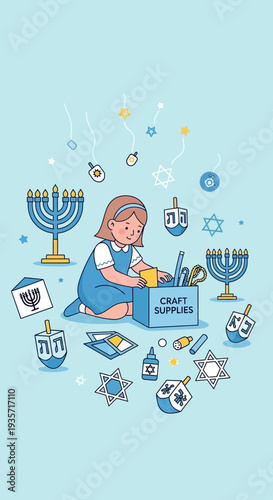 Young Girl Arranging Craft Supplies Surrounded by Hanukkah Symbols on Pastel Blue Background