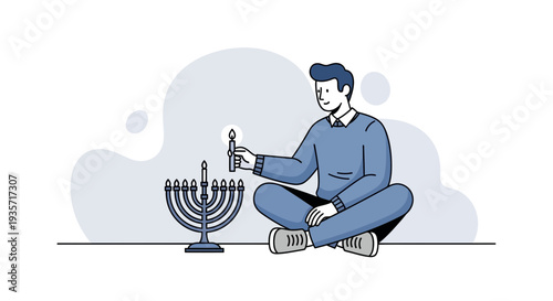 Young Man Lighting Candles on a Menorah During Hanukkah Celebration