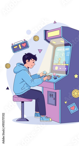 Young Man Immersed In Retro Arcade Machine Gameplay Fun
