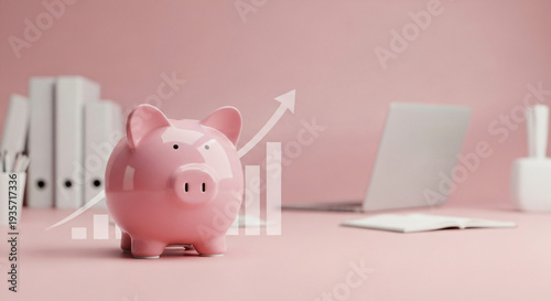 Savings Concept Concept with pink ceramic piggy bank in Bull market Market Environment