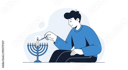 Young Man Lighting Menorah Candles Celebrating Hanukkah Festival Joyful Occasion