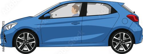 Side view of blue hatchback car with driver silhouette for urban transport automobile rental and vehicle insurance concepts
