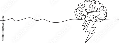 Continuous one line drawing of human brain, storm cloud and lightning symbol.one line vector illustration with white background