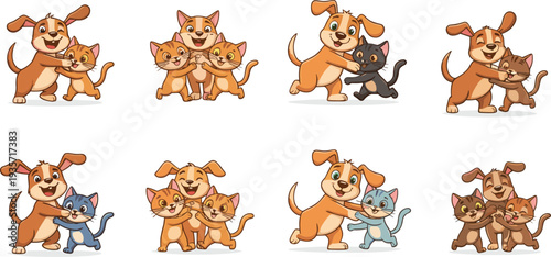 Cute funny cartoon dogs and cats best friends vector illustration with happy expressions, adorable design, isolated on white background for stickers
