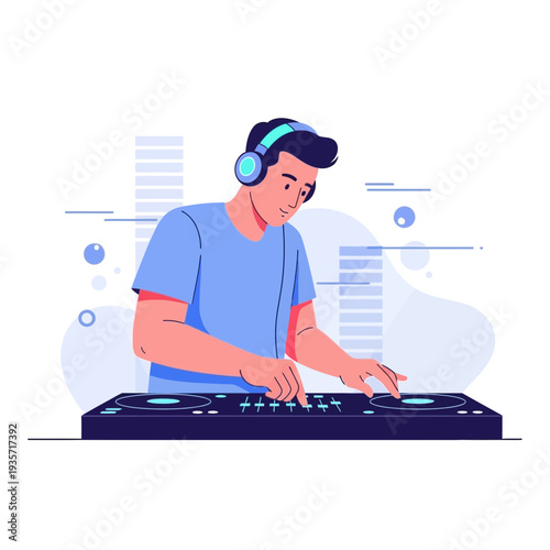 Young Man Mixing Music On A Dj Controller In A Modern Studio Setting